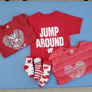 Wisconsin Badger bundle - 3 short-sleeve t-shirts and 3 pairs of socks, size 4